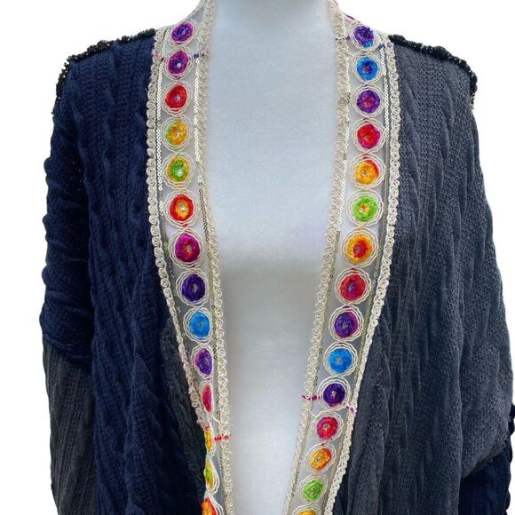 Pol Long Open Front Cardigan Kimono Knitted Navy Gray‎ Boho Embroidery SMJ368C - Picture 3 of 13